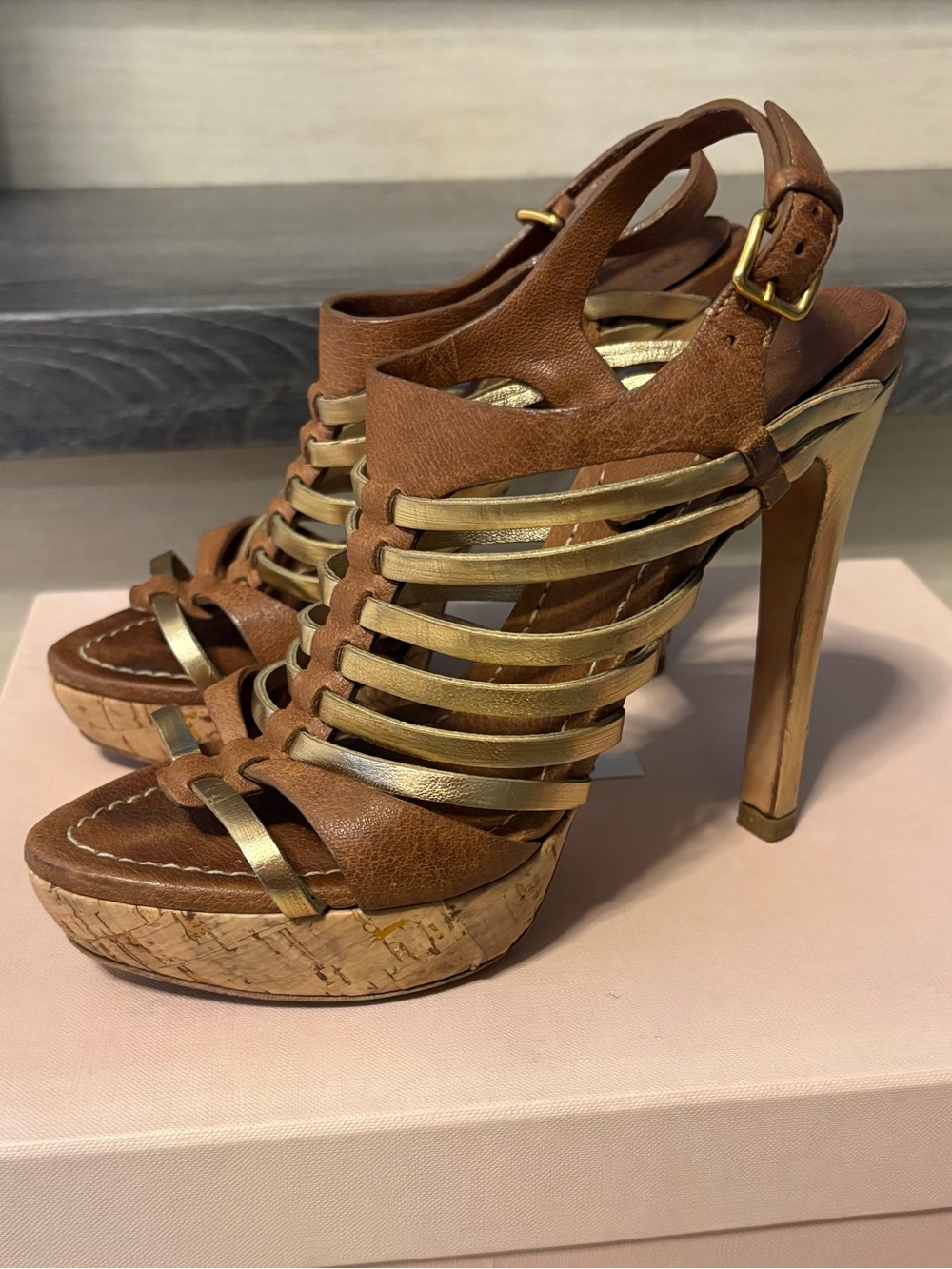 Miu Miu Brown and Gold Strappy High Heel Sandals size 36